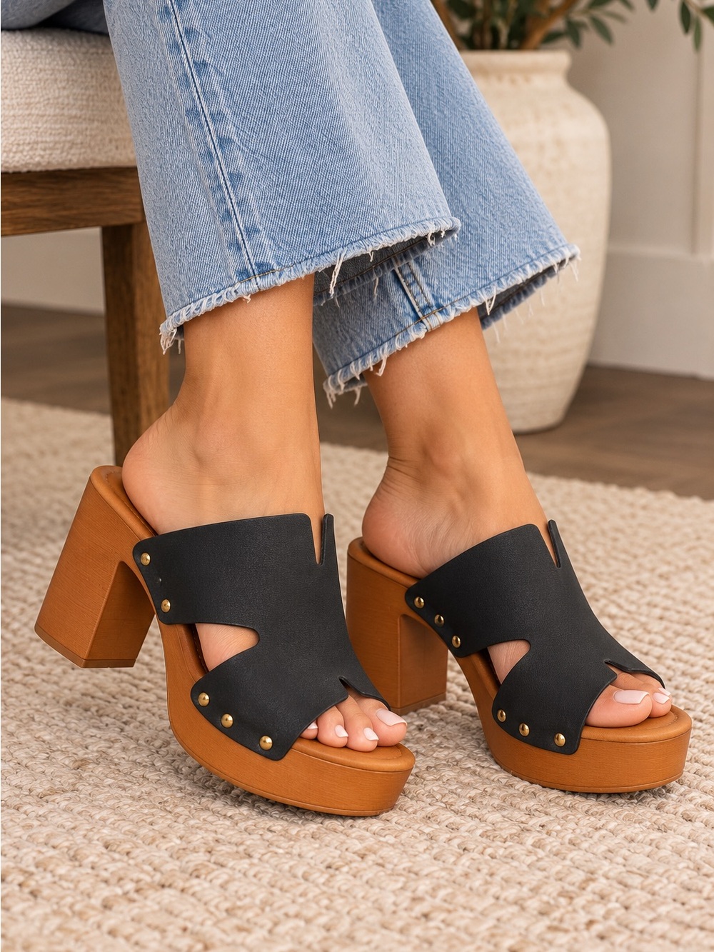 Black Platform Mule Sandals with Wood-Effect Block Heel